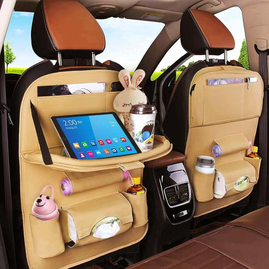 TooCust 2 Pack Car Backseat Organizer with Foldable Table Tray, PU Leather Multi-Pocket Storage for Seat Back, Tablet Holder & Kick Mat Protector