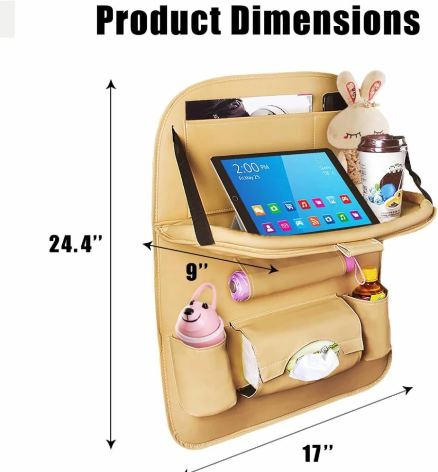 TooCust 2 Pack Car Backseat Organizer with Foldable Table Tray, PU Leather Multi-Pocket Storage for Seat Back, Tablet Holder & Kick Mat Protector
