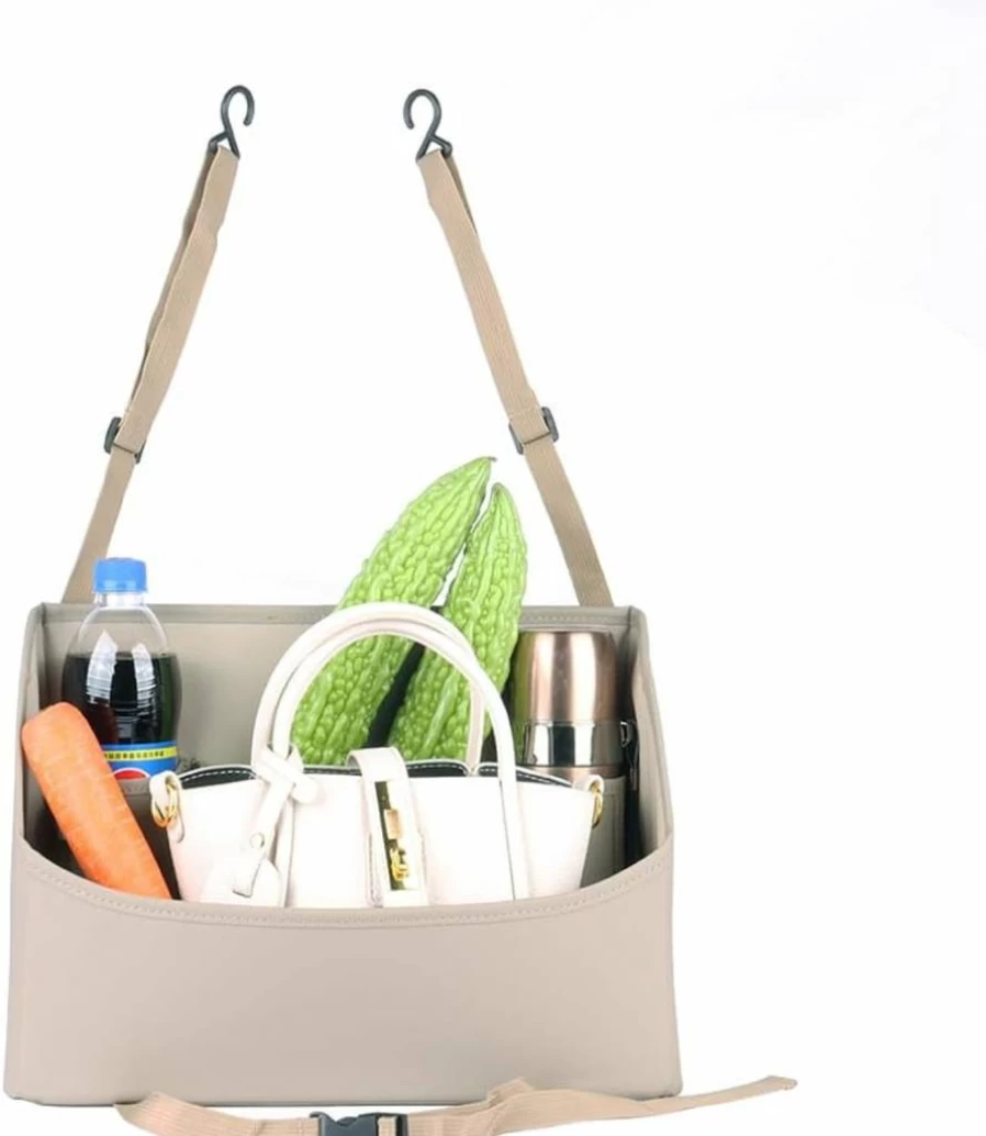 Viaviat Leather Car Seat Organizer - Beige Handbag Purse Holder for Phone, Bottle, Documents & Toys Between Front Seats