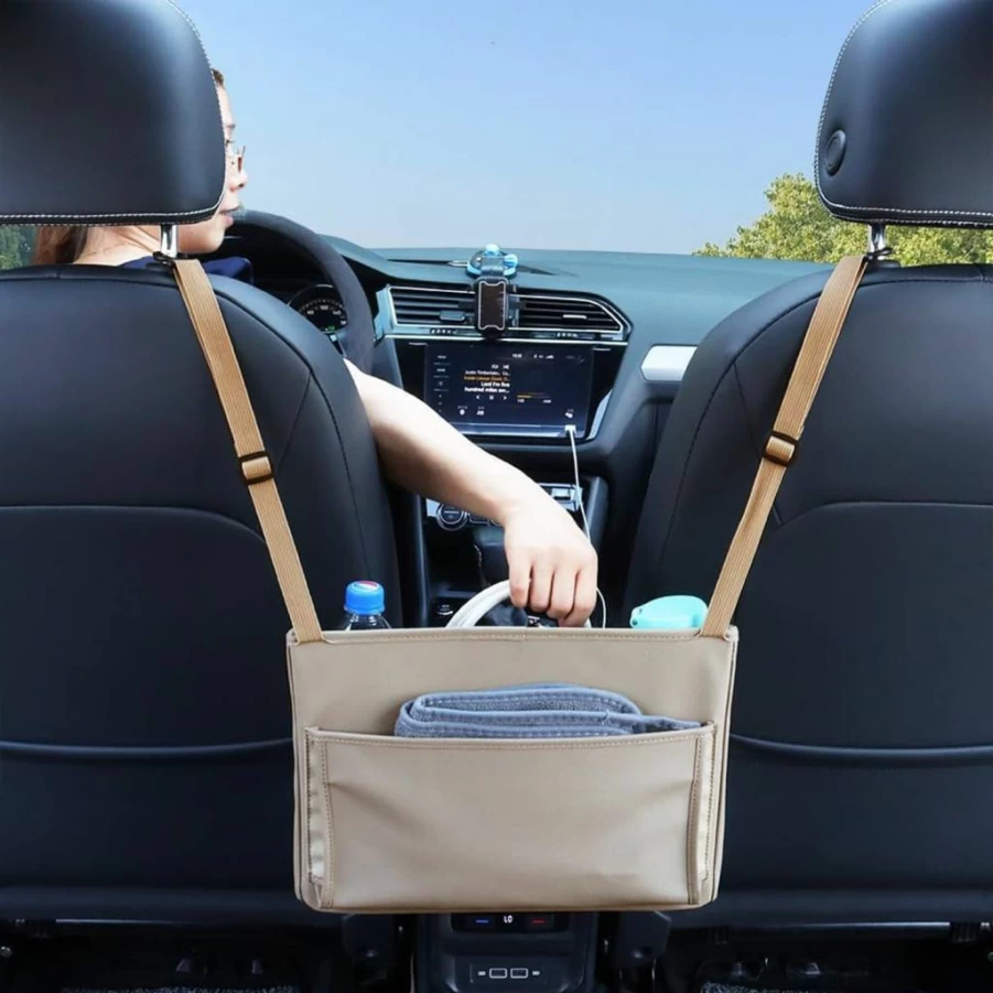Viaviat Leather Car Seat Organizer - Beige Handbag Purse Holder for Phone, Bottle, Documents & Toys Between Front Seats