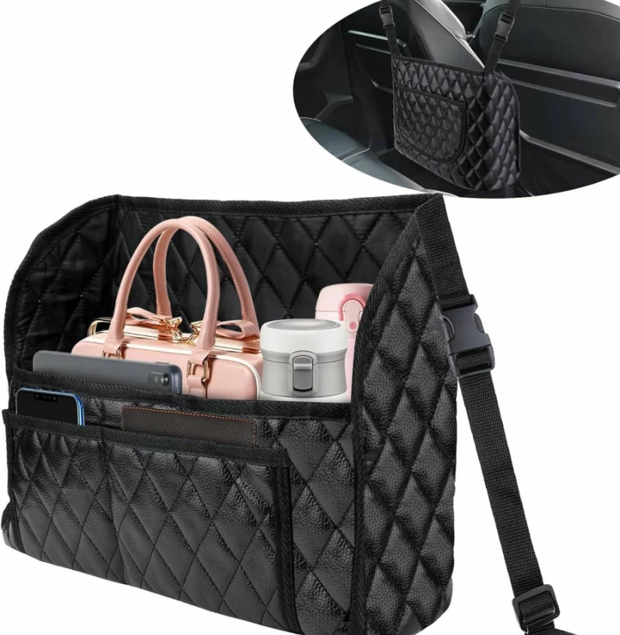 BFXM Leather Car Seat Organizer - Purse & Handbag Holder Between Seats, Large Storage Net for SUV, Truck Accessories, Backseat Barrier Pocket for Kids/Pet Supplies