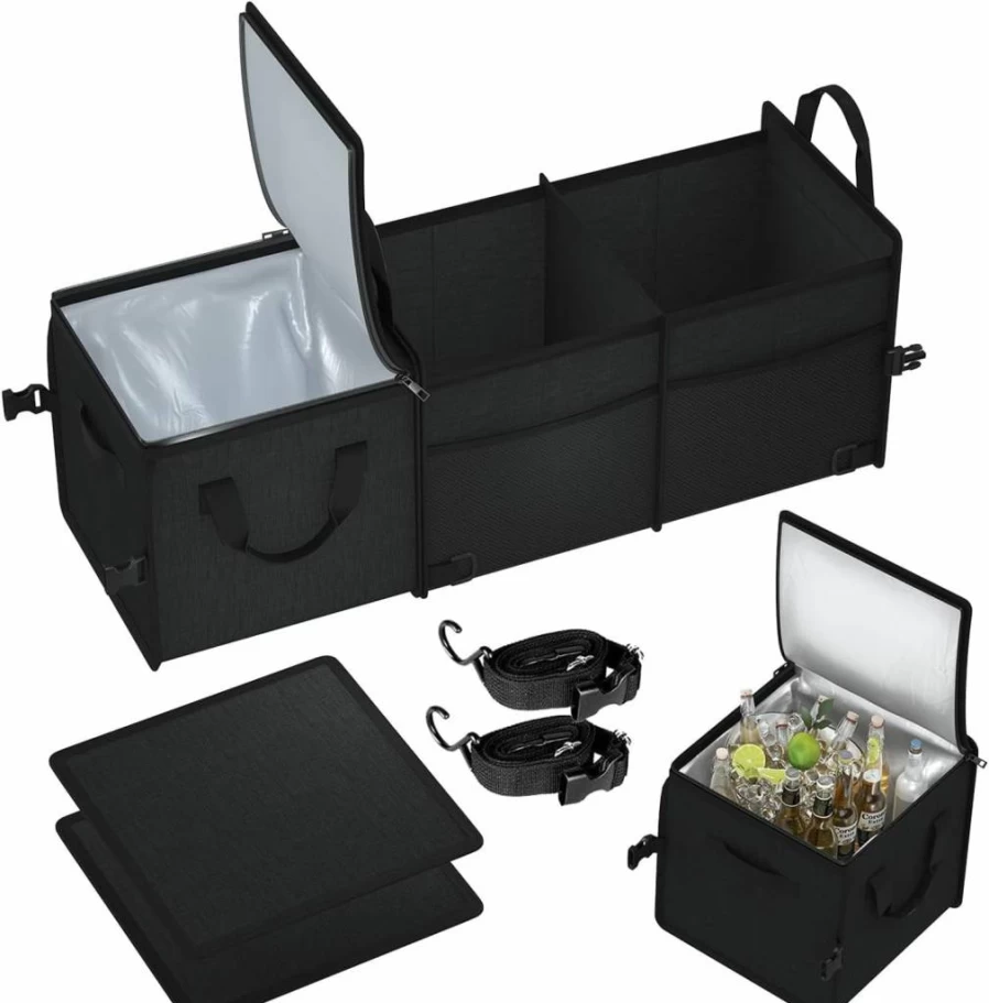 X-Cosrack Collapsible Car Trunk Organizer with Cooler Bag - Large Multi-Compartment Storage for SUV, Truck, Automotive - Portable, Washable, Black