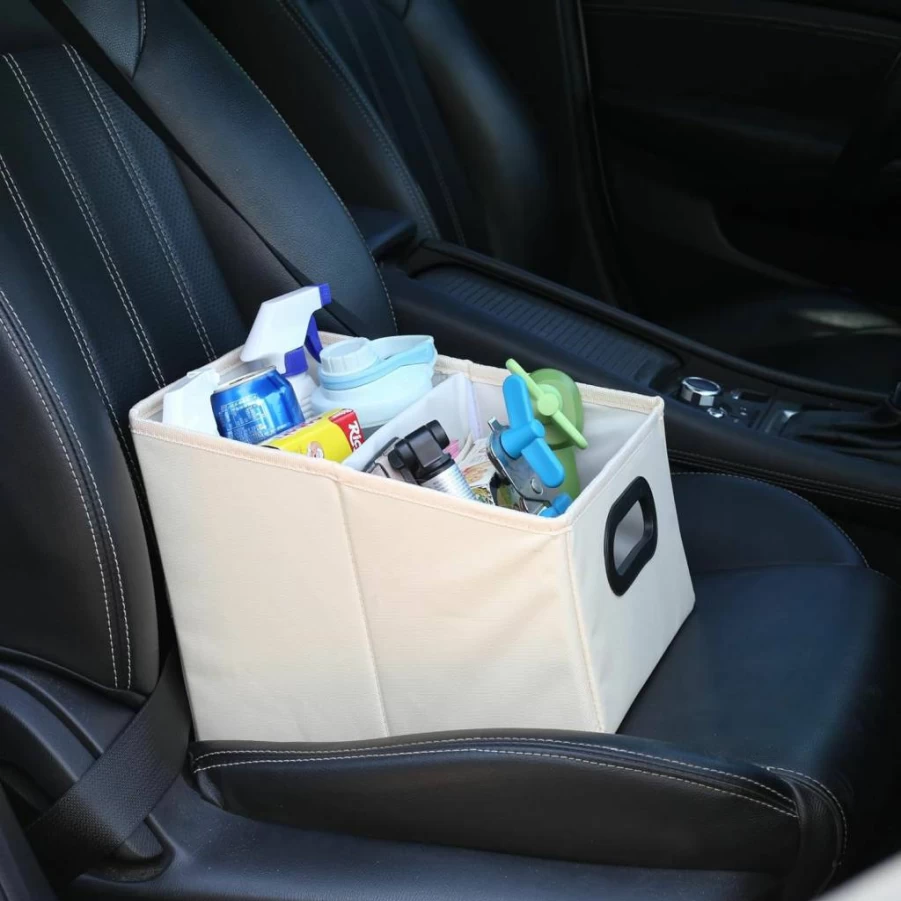 AOKJOY Collapsible Car Seat Organizer for Front & Backseat – Portable Car Caddy Storage for Kids, Adults, and Travel Accessories – Beige Medium Size