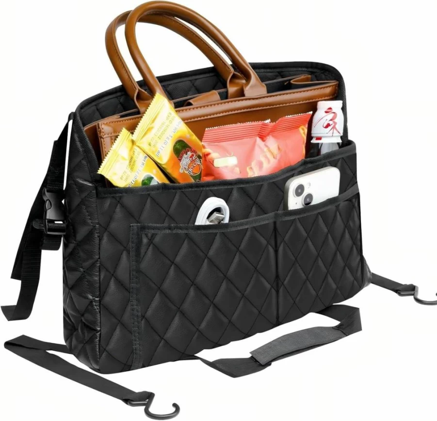 SunlightXS Leather Car Seat Back Organizer - Large Mesh Handbag Holder & Purse Storage Net for Between Seats