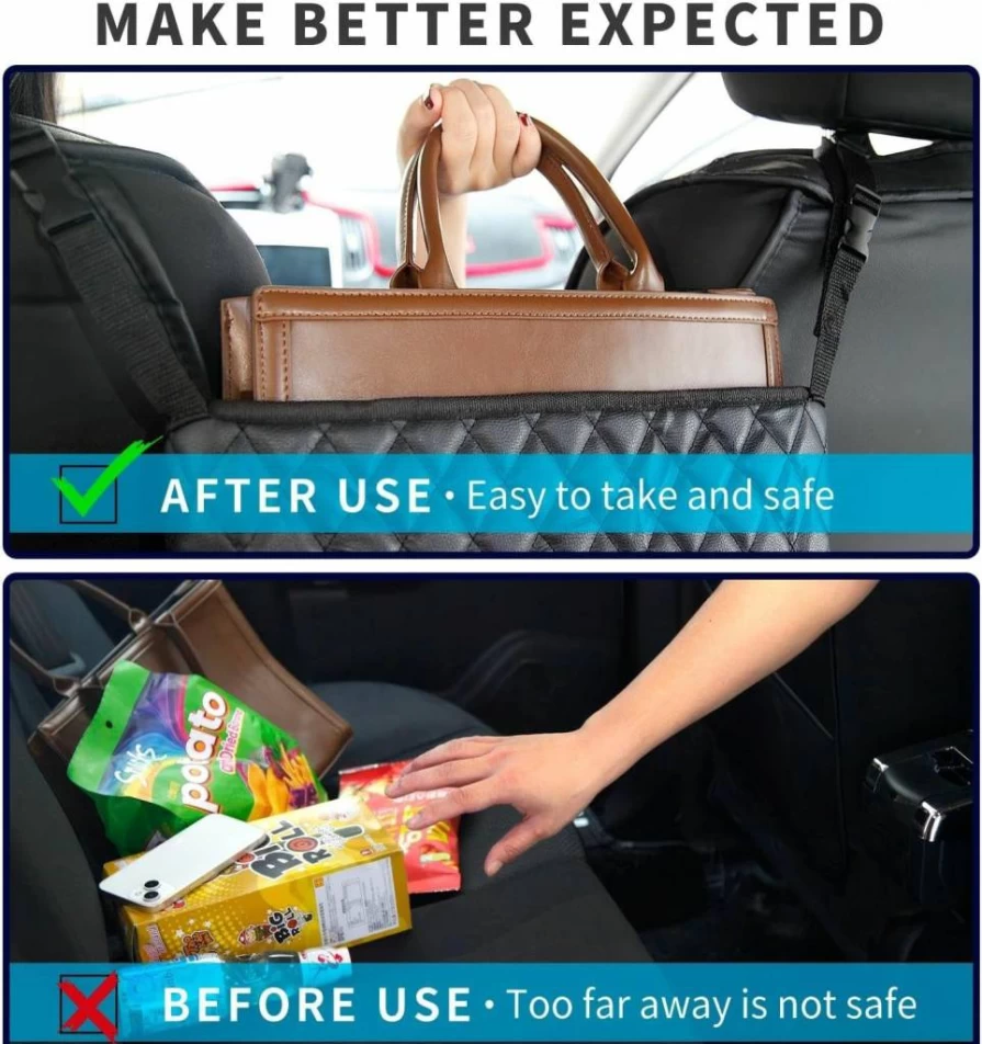 SunlightXS Leather Car Seat Back Organizer - Large Mesh Handbag Holder & Purse Storage Net for Between Seats