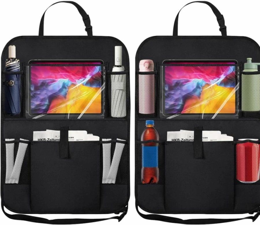 Smilfuy 2-Pack Car Backseat Organizer with 10" Tablet Holder, 5 Storage Pockets, Seat Protector & Kick Mat for Kids - Universal Vehicle Travel Accessories