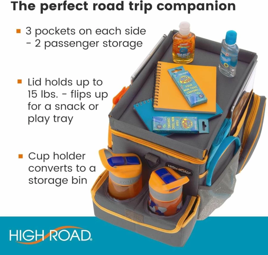 High Road Car Backseat Organizer with Cooler, Cup Holders & Snack Tray - 16"L Gray Car Seat Organizer for Kids, Pets or Passengers