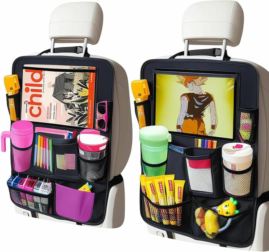 AXELECT 2 Pack Car Back Seat Organizer with Tablet Holder, 10 Storage Pockets Kick Mats for Kids, Waterproof Seat Protector, Travel Accessories for Family Road Trips
