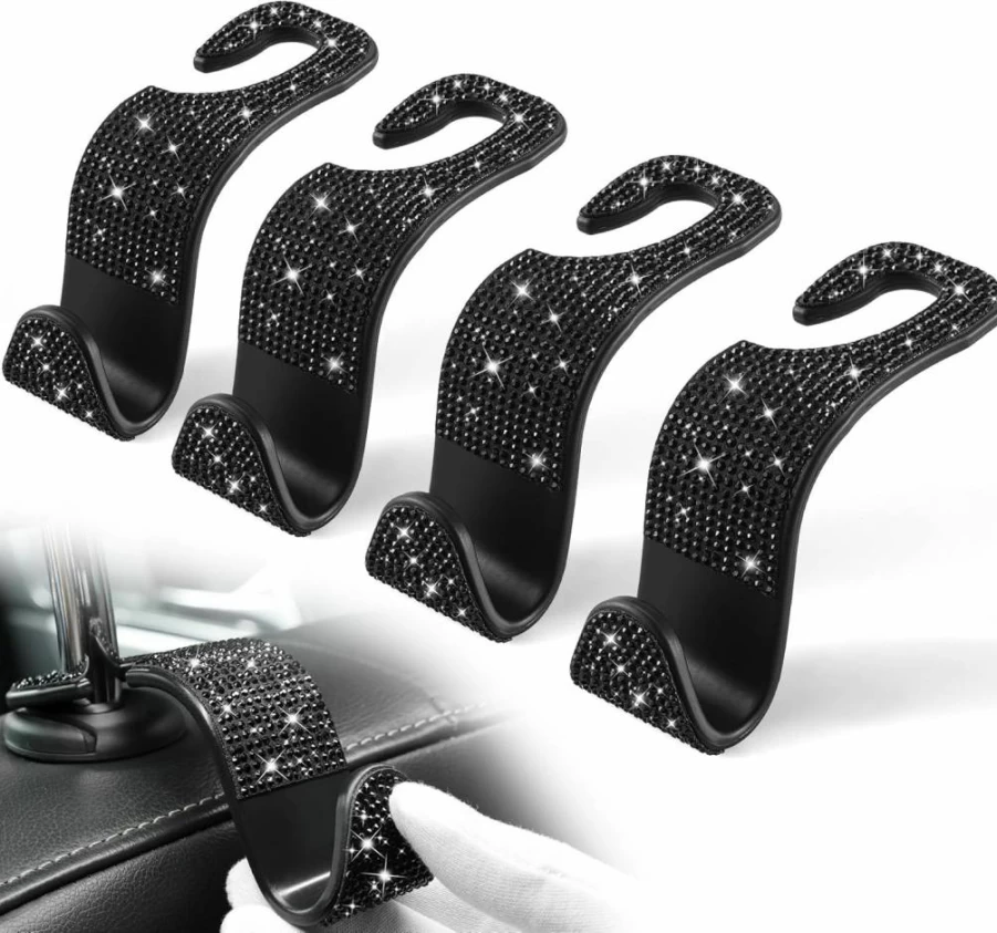 LivTee 4 Pack Car Seat Hooks - Universal Headrest Hangers for Purses, Coats, Groceries, Umbrellas - Durable Carbon Fiber Black Auto Organizer