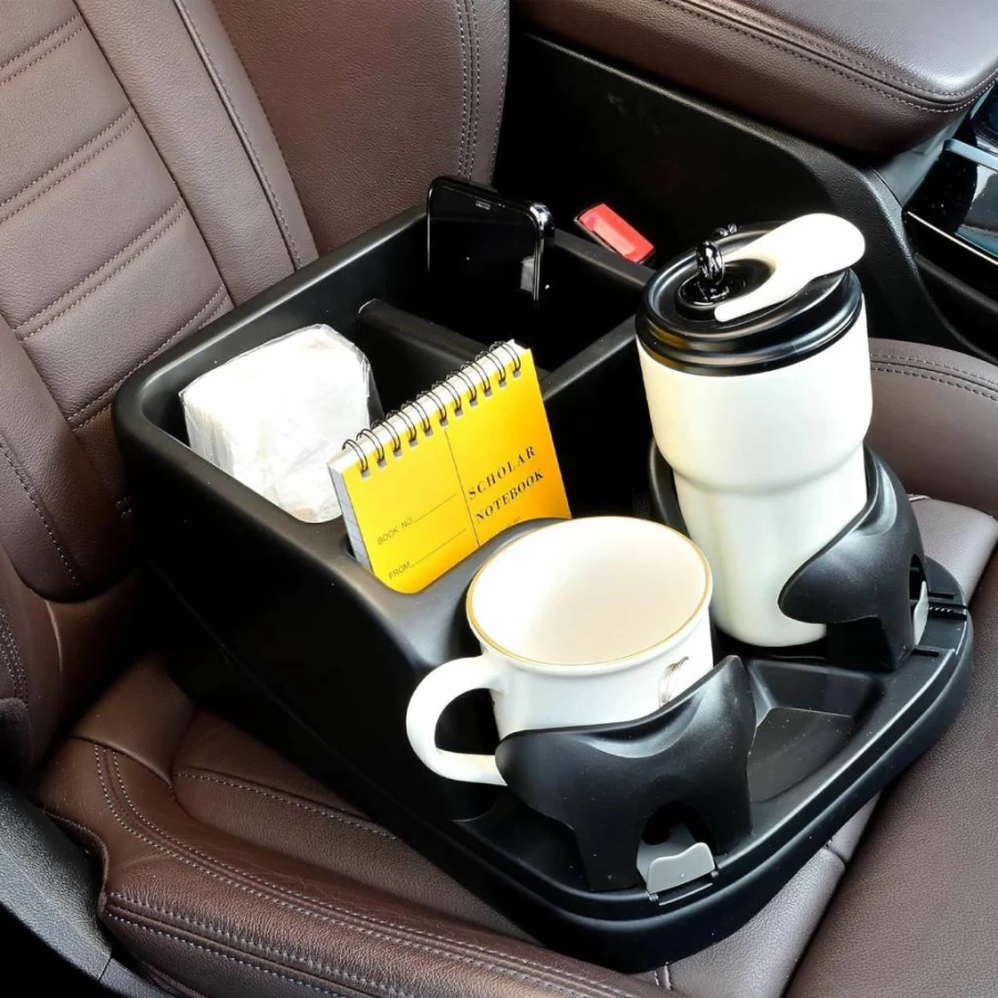 Keyiduid Universal Car Center Console Organizer - Adjustable Cup Holder for Trucks, SUVs, Minivans - Black Vehicle Storage Box with Drink Holder